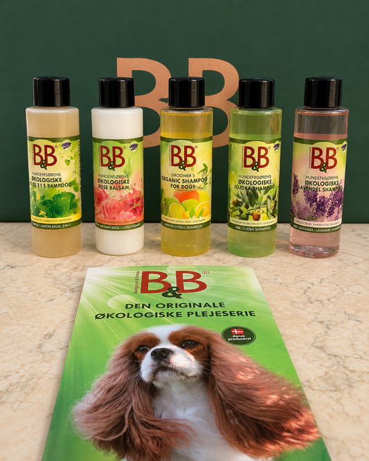 B&B Minibag The 5 Originals featuring five Danish organic dog shampoos with B&B brochure