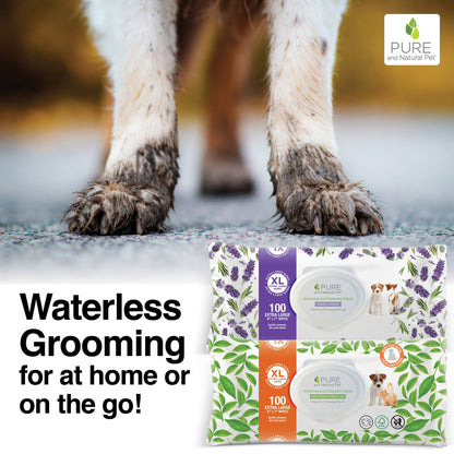 Waterless Grooming for at Home or on the Go lifestyle graphic featuring grooming wipes for dogs and cats