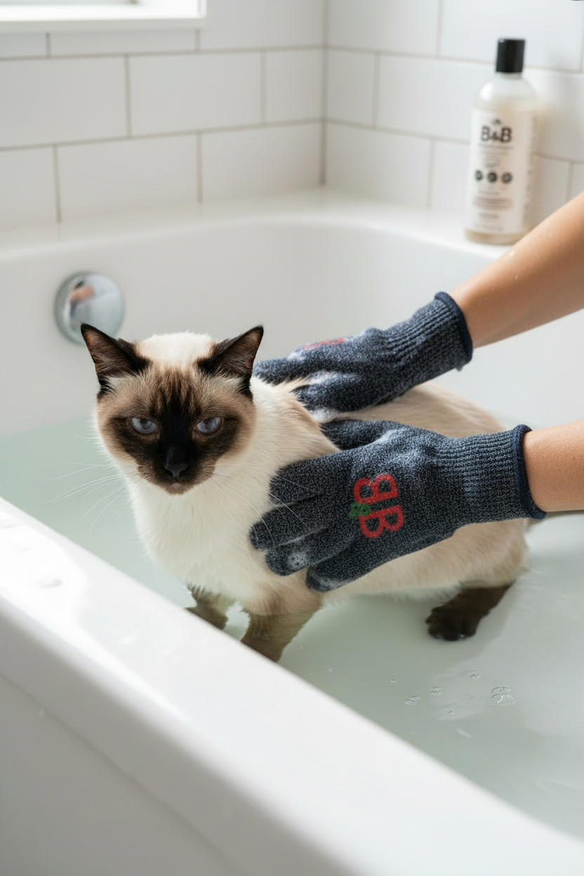 B&B Bamboo Washing Gloves gently washing a cat during bath time