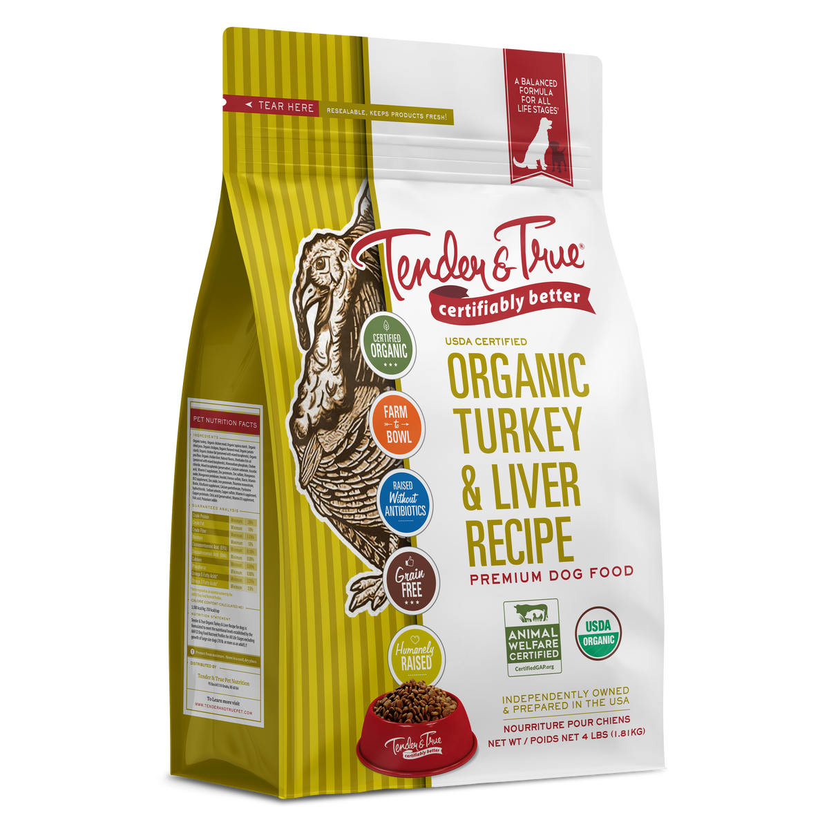 Tender & True Organic Turkey & Liver Recipe dry dog food, 4 lb bag