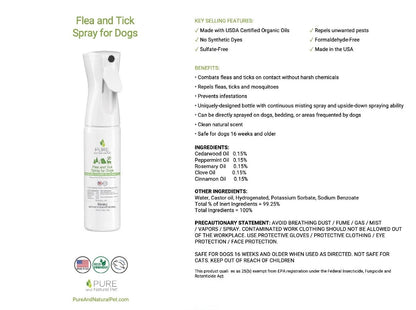 Pure and Natural Flea & Tick Spray for Dogs ingredients directions and product information