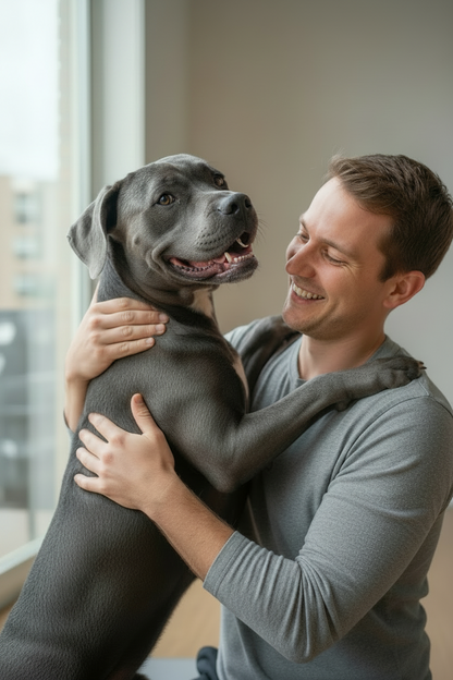 Pet owner holding a happy dog after daily wellness routine.