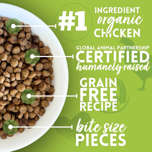Tender & True organic small breed dry dog food made with organic chicken and small bite kibble