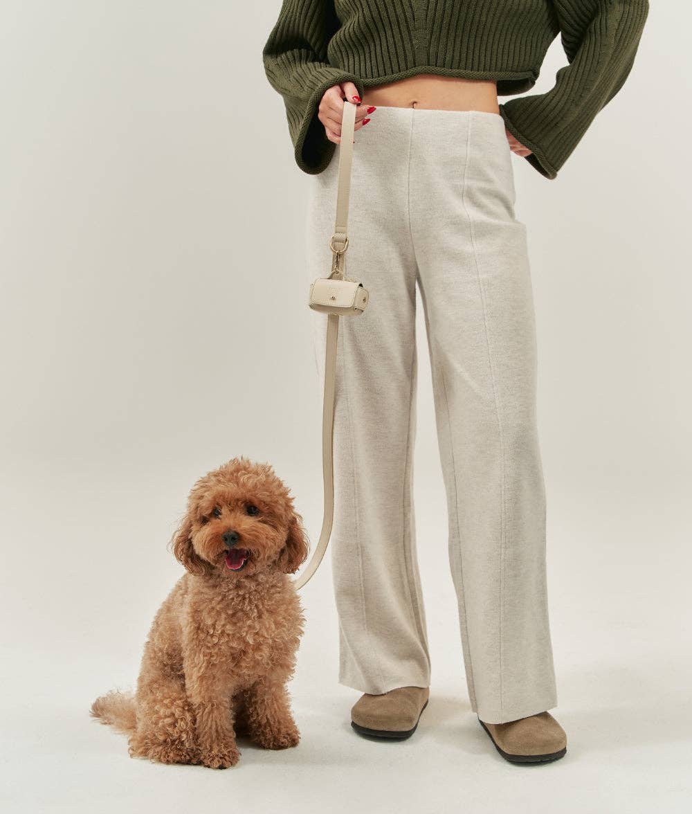 Small dog walking with the Beige Jala vegan leather leash