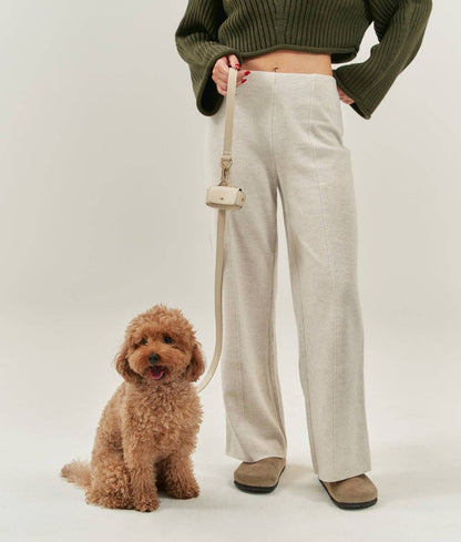 Small dog walking with the Beige Jala vegan leather leash