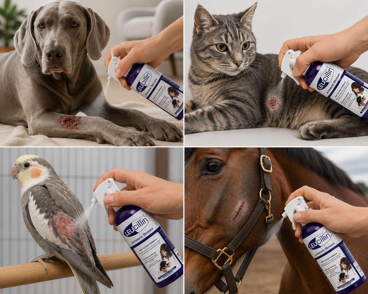 Leucillin Antiseptic Skincare Spray shown being used with a dog, cat, horse and other animals