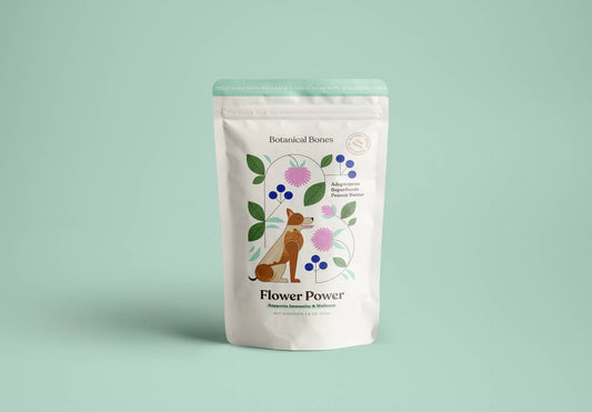 Botanical Bones Flower Power dog treats package on green background