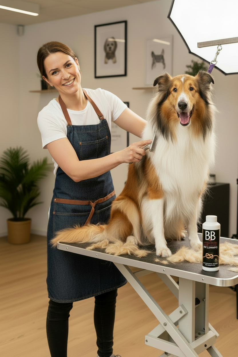 Professional groomer brushing a dog’s coat with B&B Hairdresser’s Shedding & Detangling Solution