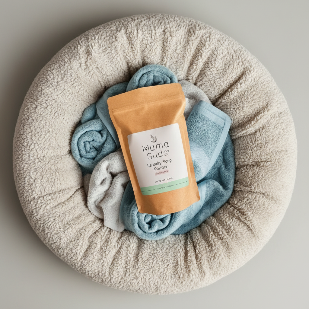 Mama Suds Peppermint Laundry Soap Powder with freshly cleaned dog bed and bedding for healthier pets