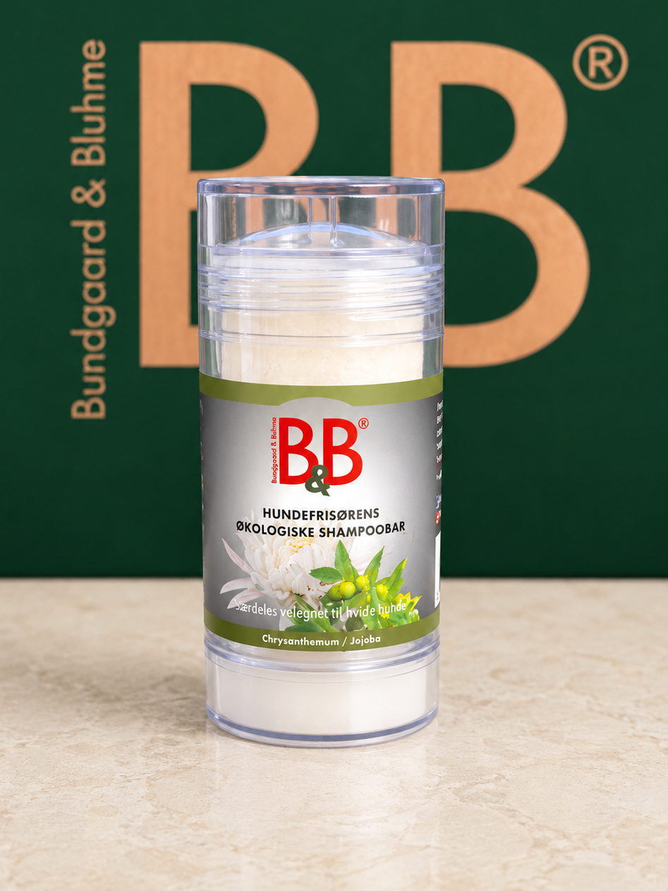 B&B Chrysanthemum & Jojoba Shampoo Bar for dogs in twist-up container.