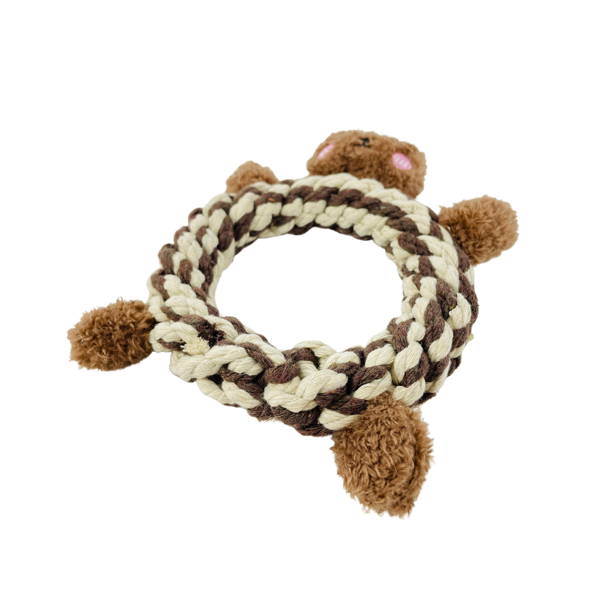Eco-Brownie Bear macrame plush squeaky dog toy made with recycled cotton rope.