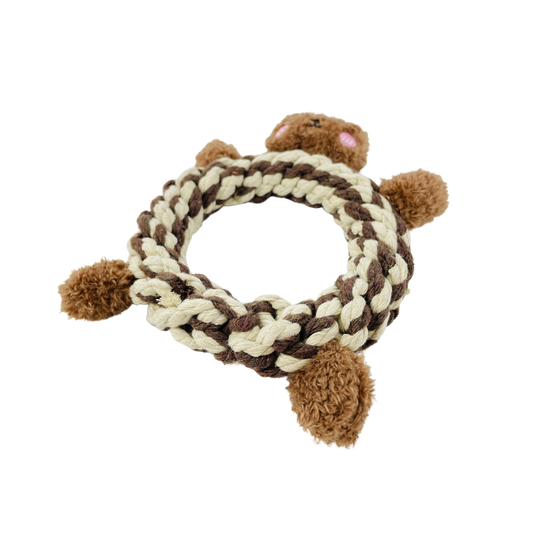 Eco-Brownie Bear macrame plush squeaky dog toy made with recycled cotton rope.