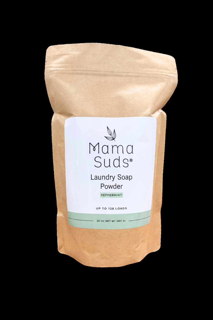 Front package of Mama Suds Peppermint Laundry Soap Powder natural pet-safe laundry detergent made in the USA