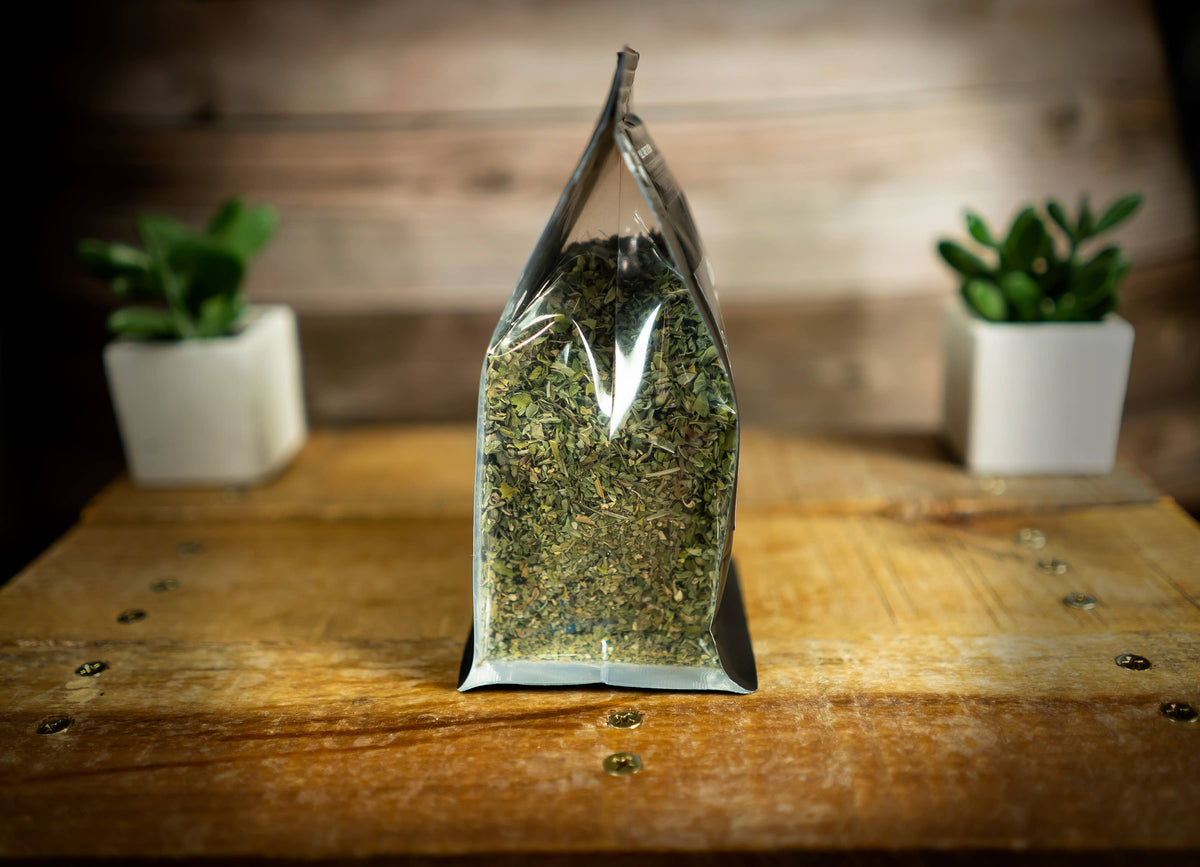 Rear view of Organic Catnip & Valerian Blend bag showing natural herbal contents