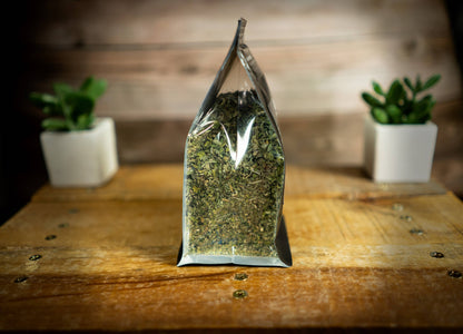 Rear view of Organic Catnip & Valerian Blend bag showing natural herbal contents
