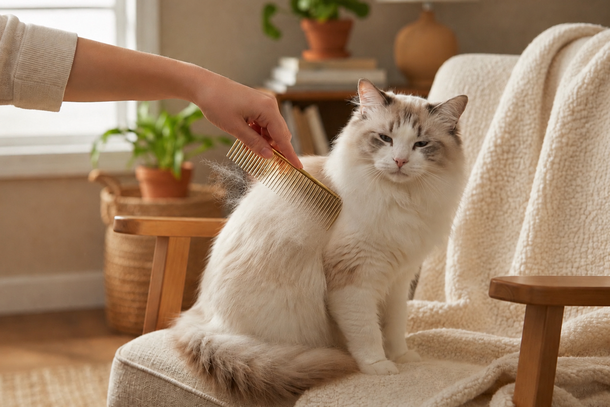 B&B Gold Comb 19 cm grooming a long-haired cat, with loose hair lifted from the coat during combing