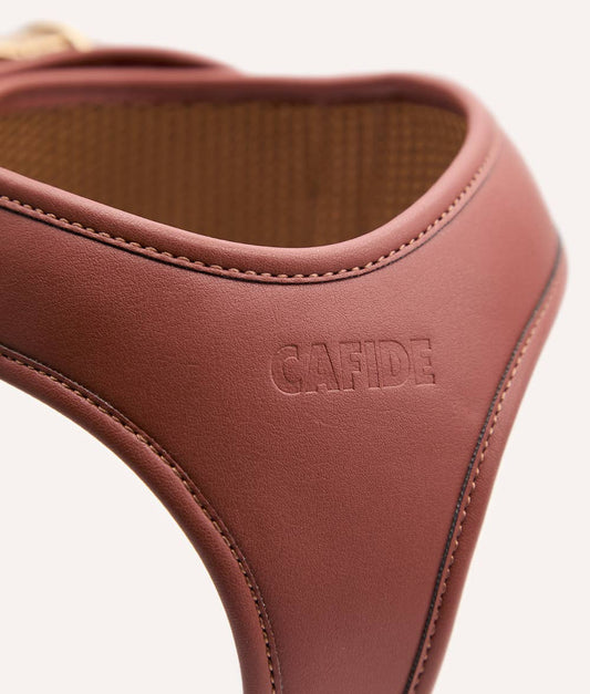 Close-up of the Jala brown vegan leather dog harness showing premium Lignify® material and embossed logo