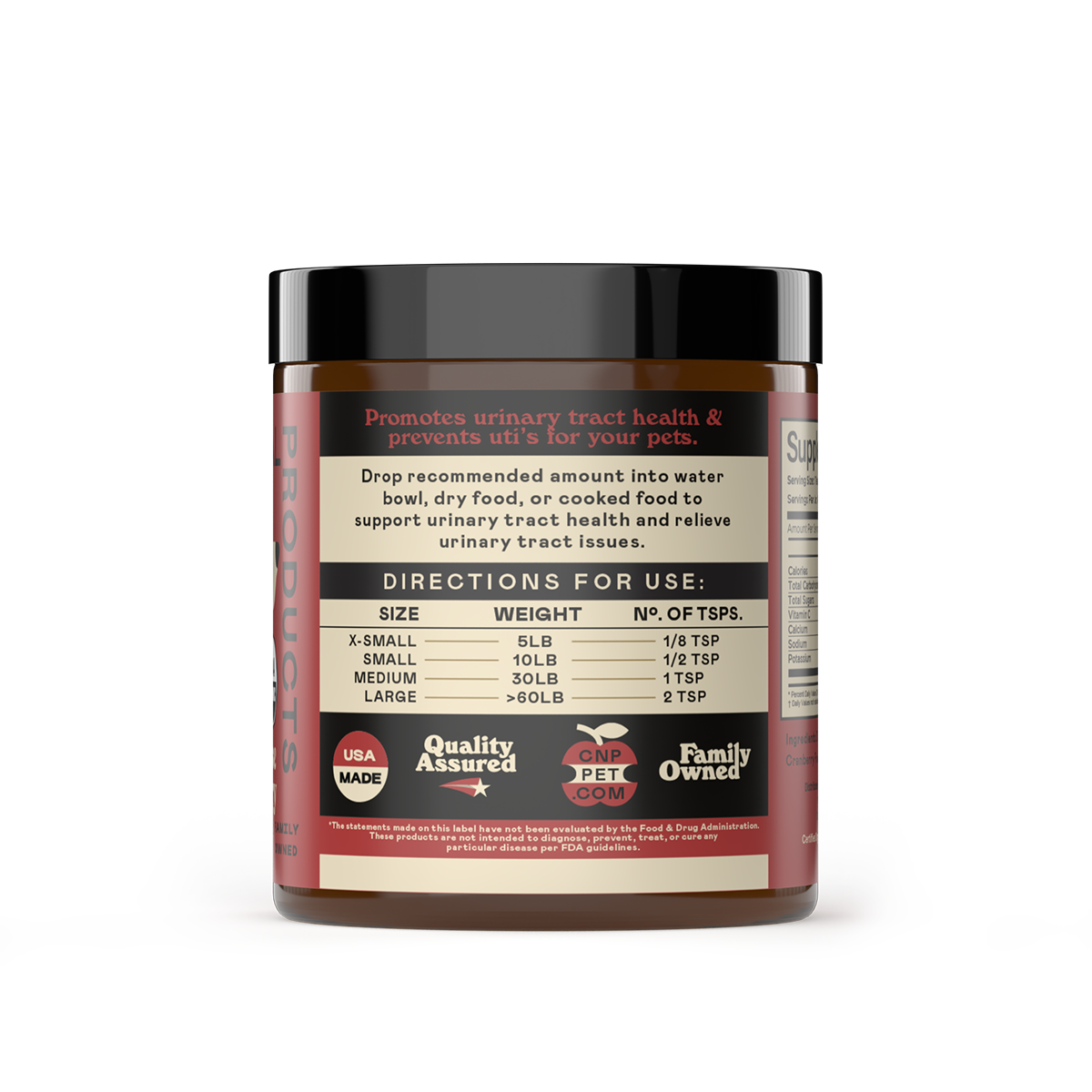 Back label with ingredients, feeding directions, storage information, and product details for Organic D-Mannose & Cranberry Powder