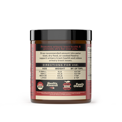 Back label with ingredients, feeding directions, storage information, and product details for Organic D-Mannose & Cranberry Powder