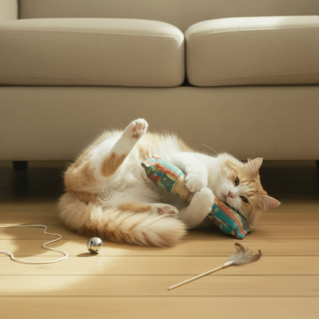 Cat bunny-kicking a handmade catnip and silver vine kicker toy during active play