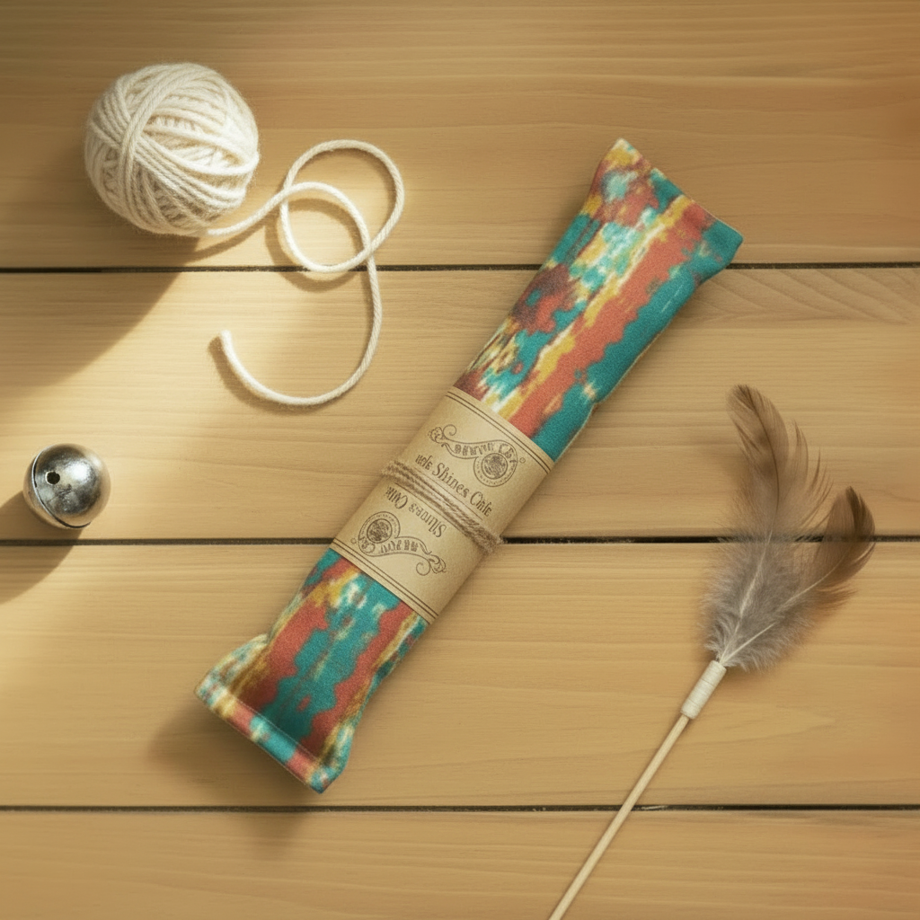 Handmade catnip and silver vine kicker toy with natural twine and feather on a wooden surface