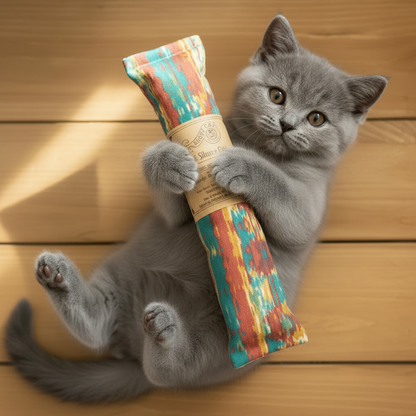 Gray cat hugging a handmade catnip and silver vine kicker toy during play