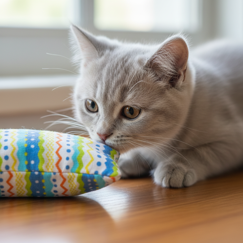 Gray cat sniffing a handmade catnip and silver vine kicker toy on a hardwood floor