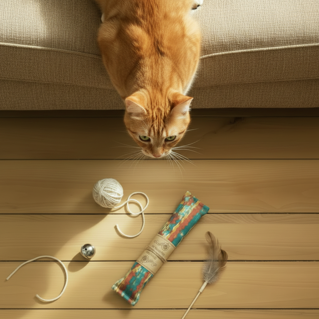 Orange cat approaching a handmade catnip and silver vine kicker toy for enrichment play