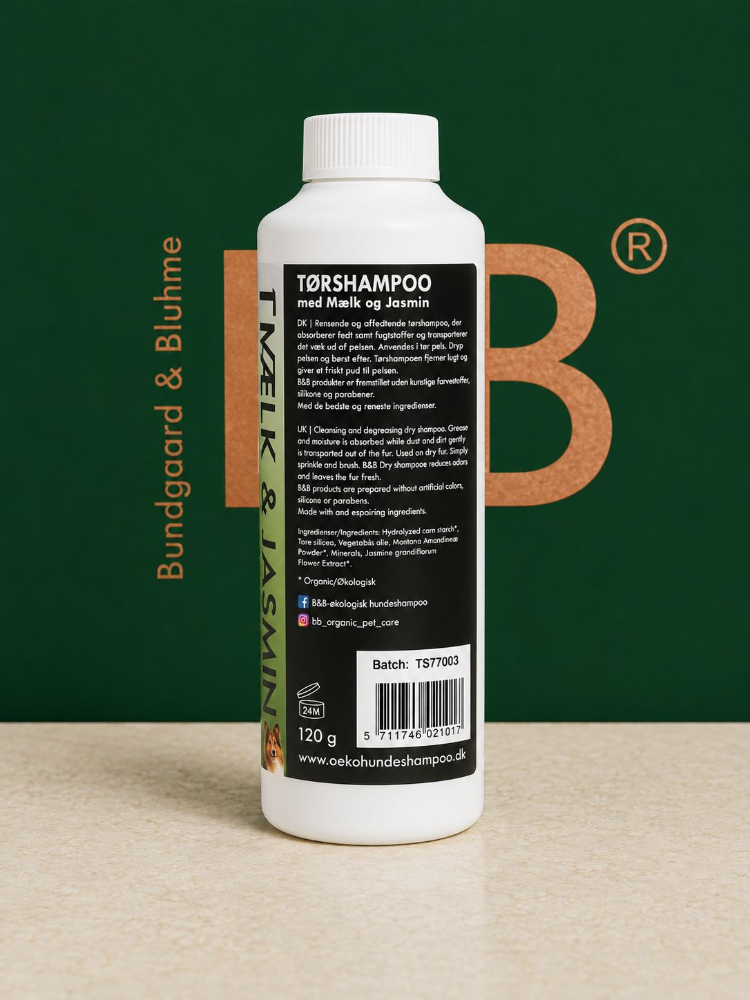 Back label of B&B Organic Dry Shampoo Powder showing directions and ingredients