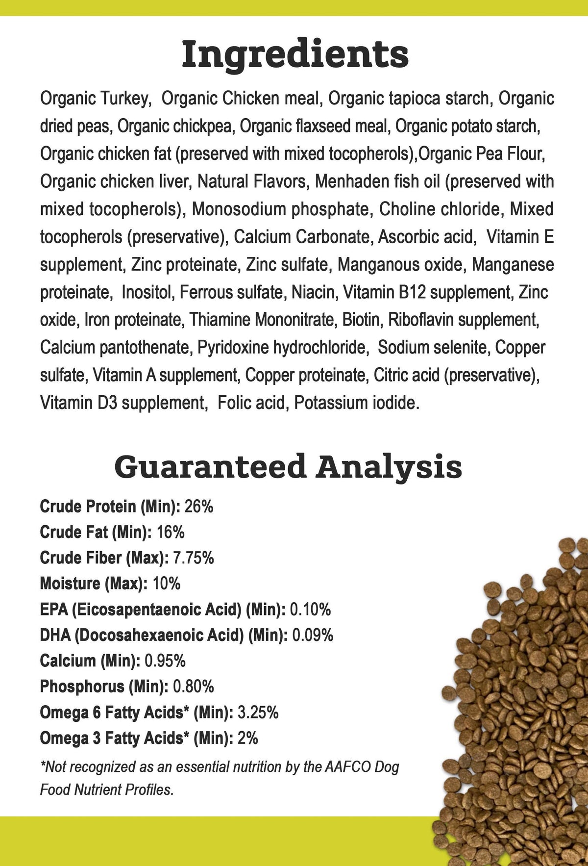 Tender & True Organic Turkey & Liver Recipe dog food ingredient list and guaranteed analysis panel