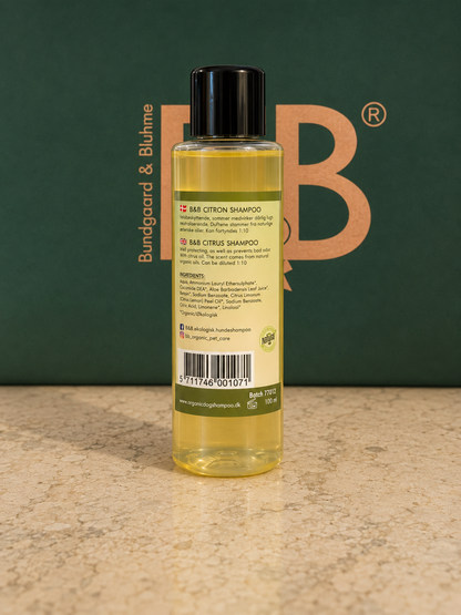 B&B Organic Citrus Shampoo for Dogs bottle showing additional back label information
