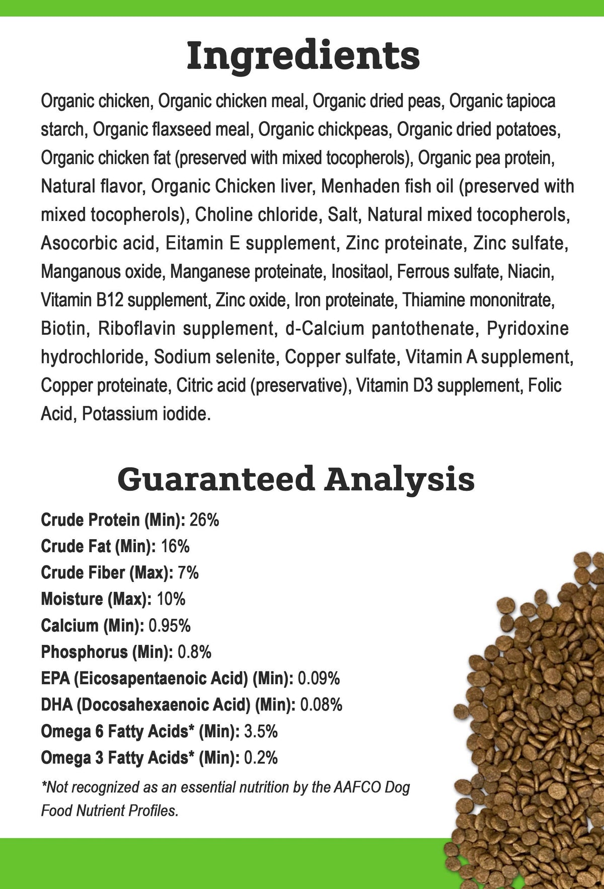 Guaranteed analysis for Tender & True Organic Small Breed Chicken & Liver Recipe dry dog food