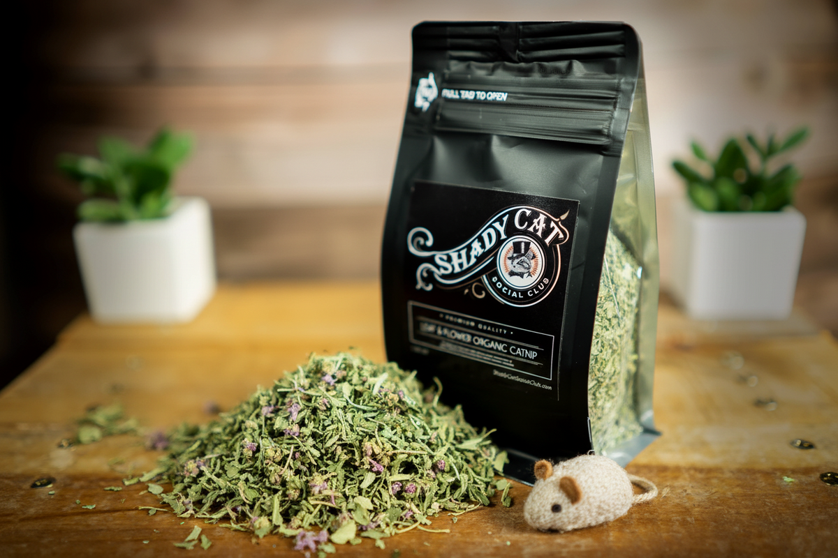 Shady Cat Organic Leaf & Flower Catnip with loose leaf and flower blend beside the pouch.