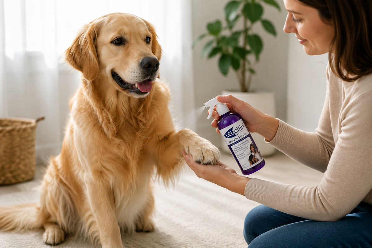 Golden retriever having its paw gently sprayed with Leucillin Antiseptic Skincare Spray