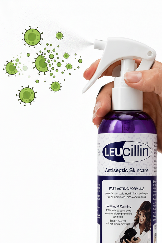 Leucillin Antiseptic Skincare Spray bottle beside a graphic illustrating microscopic particles
