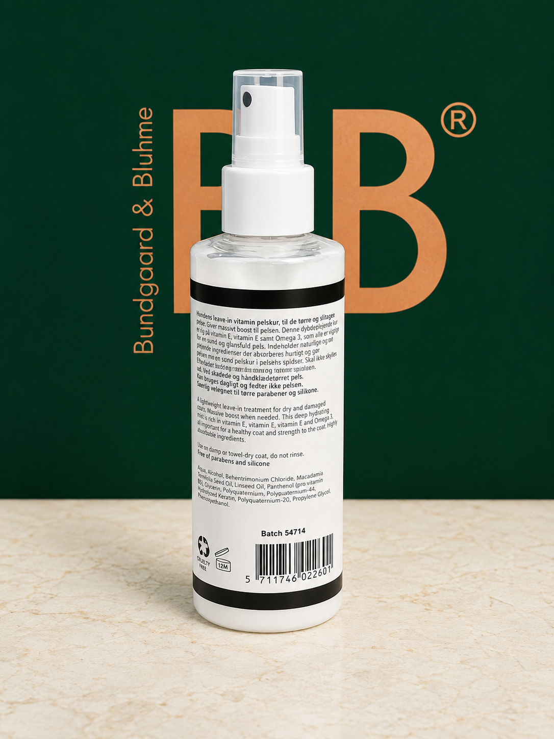 Back label of B&B Deluxe Coat Leave-In Spray showing directions and ingredients
