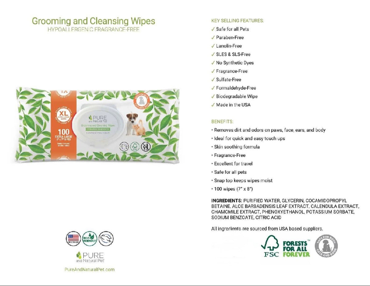 Fragrance-Free Grooming & Cleansing Wipes product information and features graphic