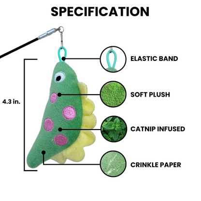 Dino plush cat toy specifications showing elastic band, soft plush, catnip infused filling, crinkle paper, and 4.3-inch length