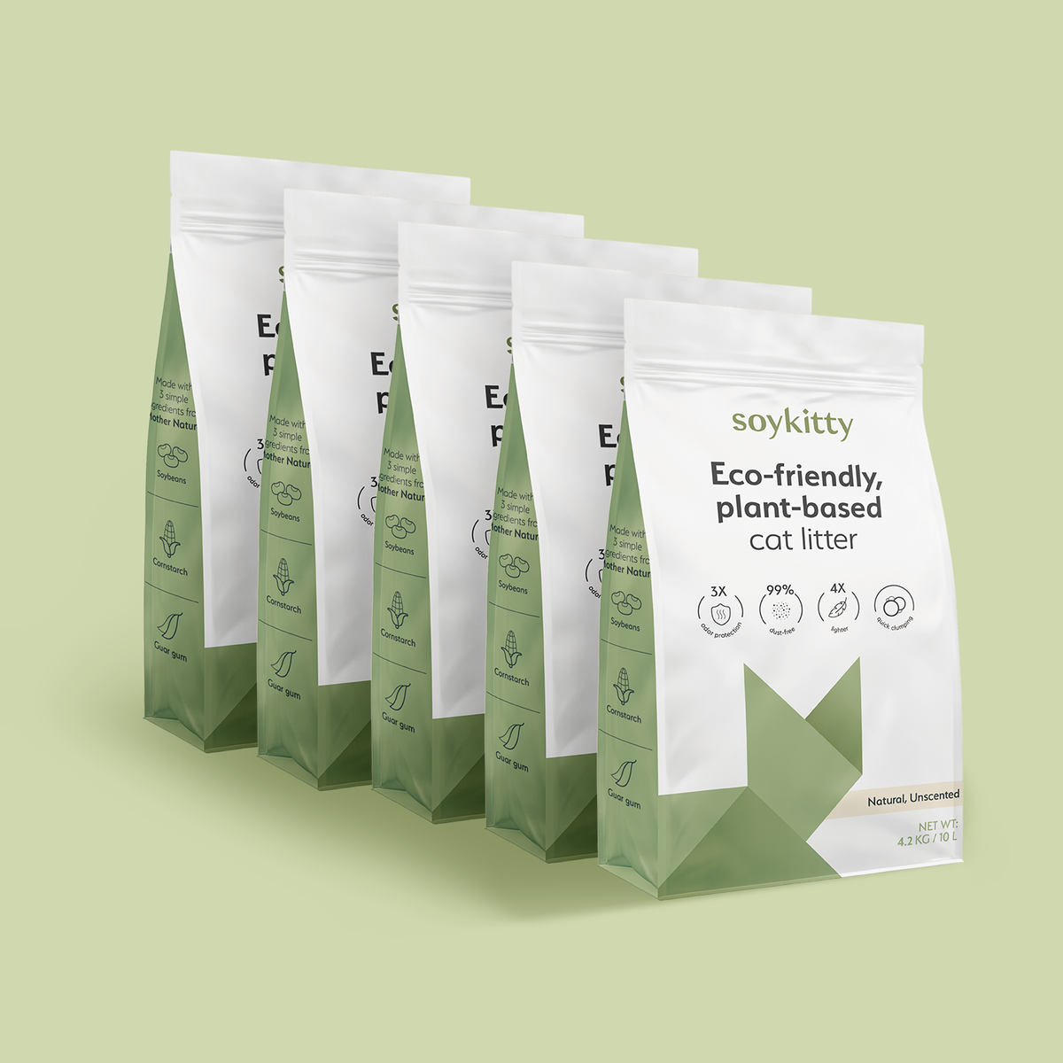 Five SoyKitty Unscented cat litter bags