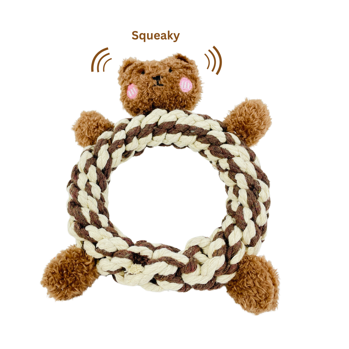 Eco-Brownie Bear plush dog toy featuring a built-in squeaker and cotton rope ring.