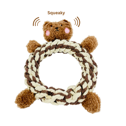 Eco-Brownie Bear plush dog toy featuring a built-in squeaker and cotton rope ring.