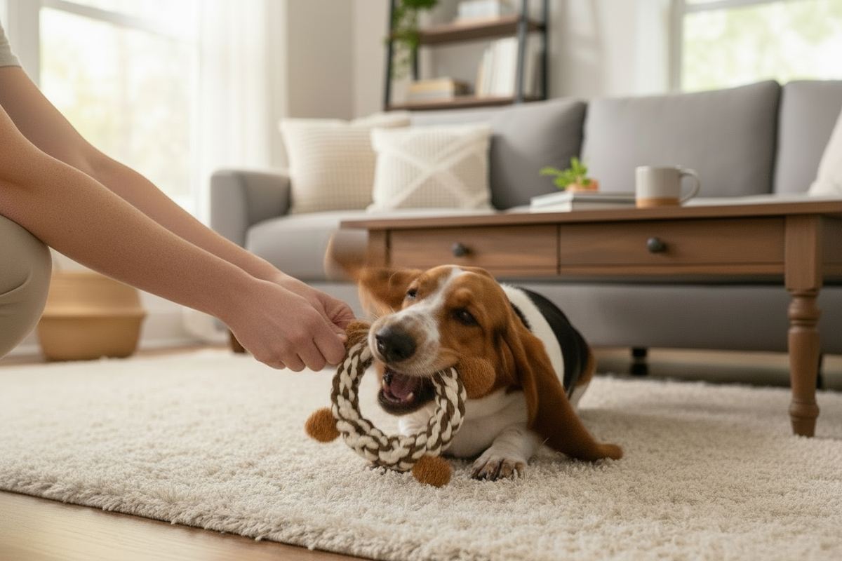 Pet owner engaging a dog with the Eco-Brownie Bear squeaky rope dog toy.