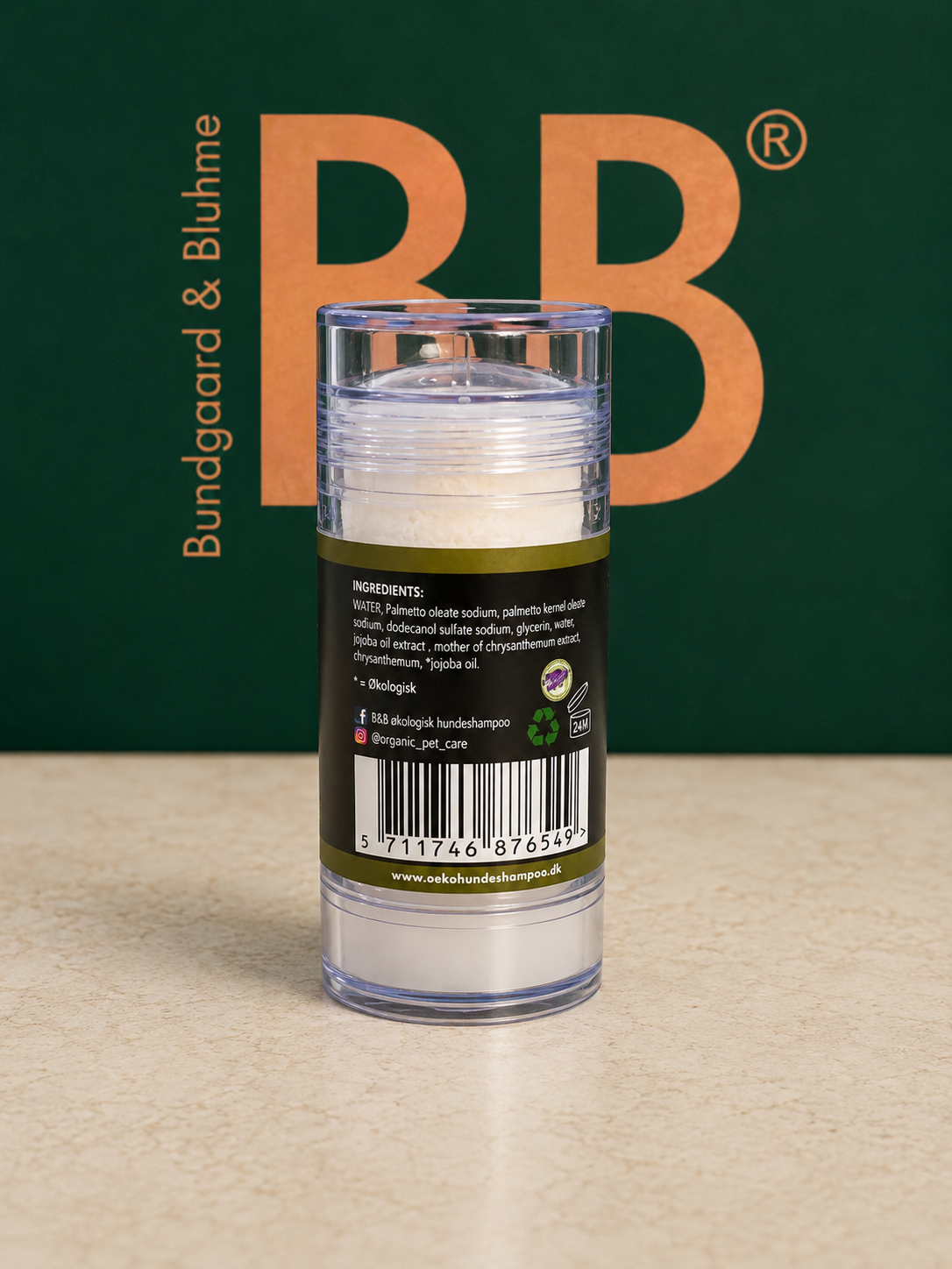 Back label of B&B Chrysanthemum & Jojoba Shampoo Bar showing product information.