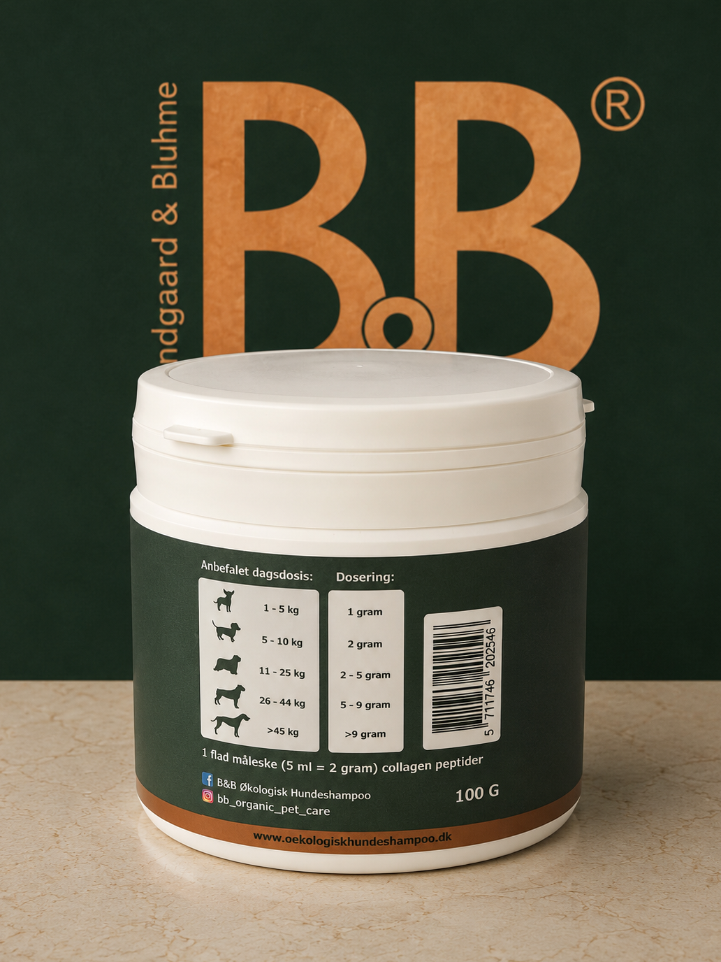 B&B Balance back label showing manufacturer dosing by dog weight, barcode, 100 g package size and 5 ml measuring scoop information