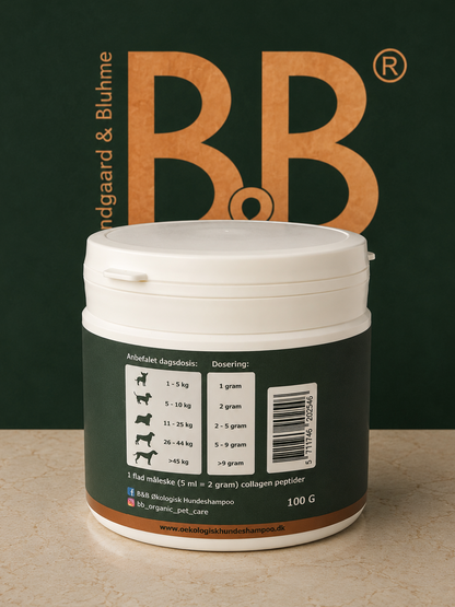 B&B Balance back label showing manufacturer dosing by dog weight, barcode, 100 g package size and 5 ml measuring scoop information