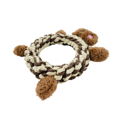 Alternate view of the Eco-Brownie Bear plush macrame dog toy with rope ring.