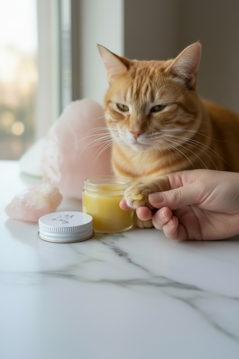Healing Green Salve being gently applied to a cat’s paw to support dry skin and minor irritations.