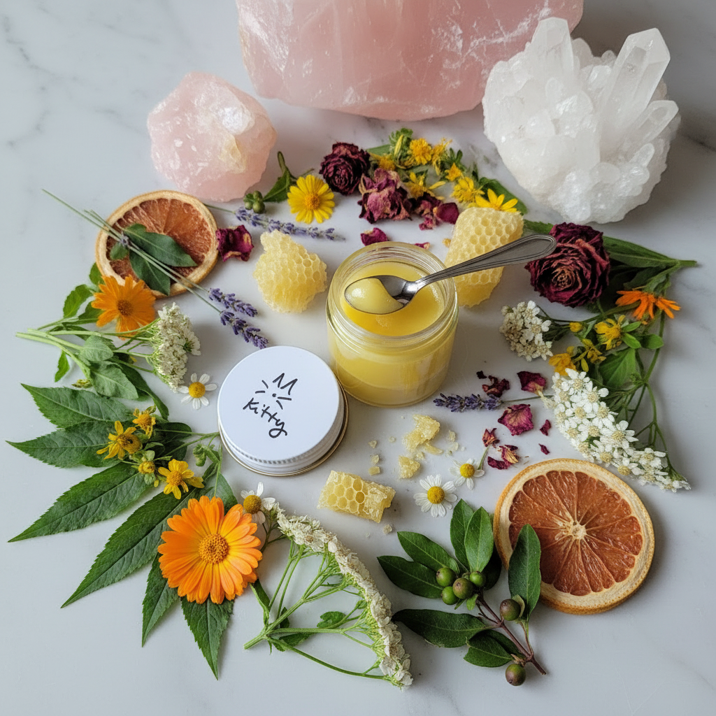 Healing Green Salve displayed with organic botanicals used in the herbal formula for cats