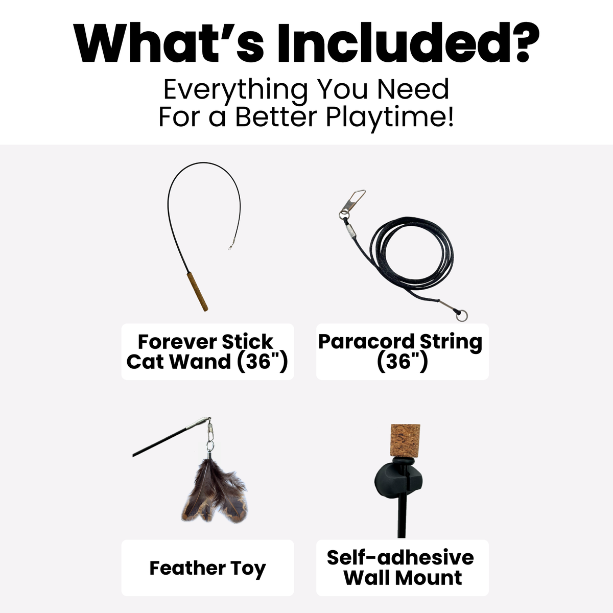 Forever Stick package contents showing wand, paracord string, feather toy, and wall mount
