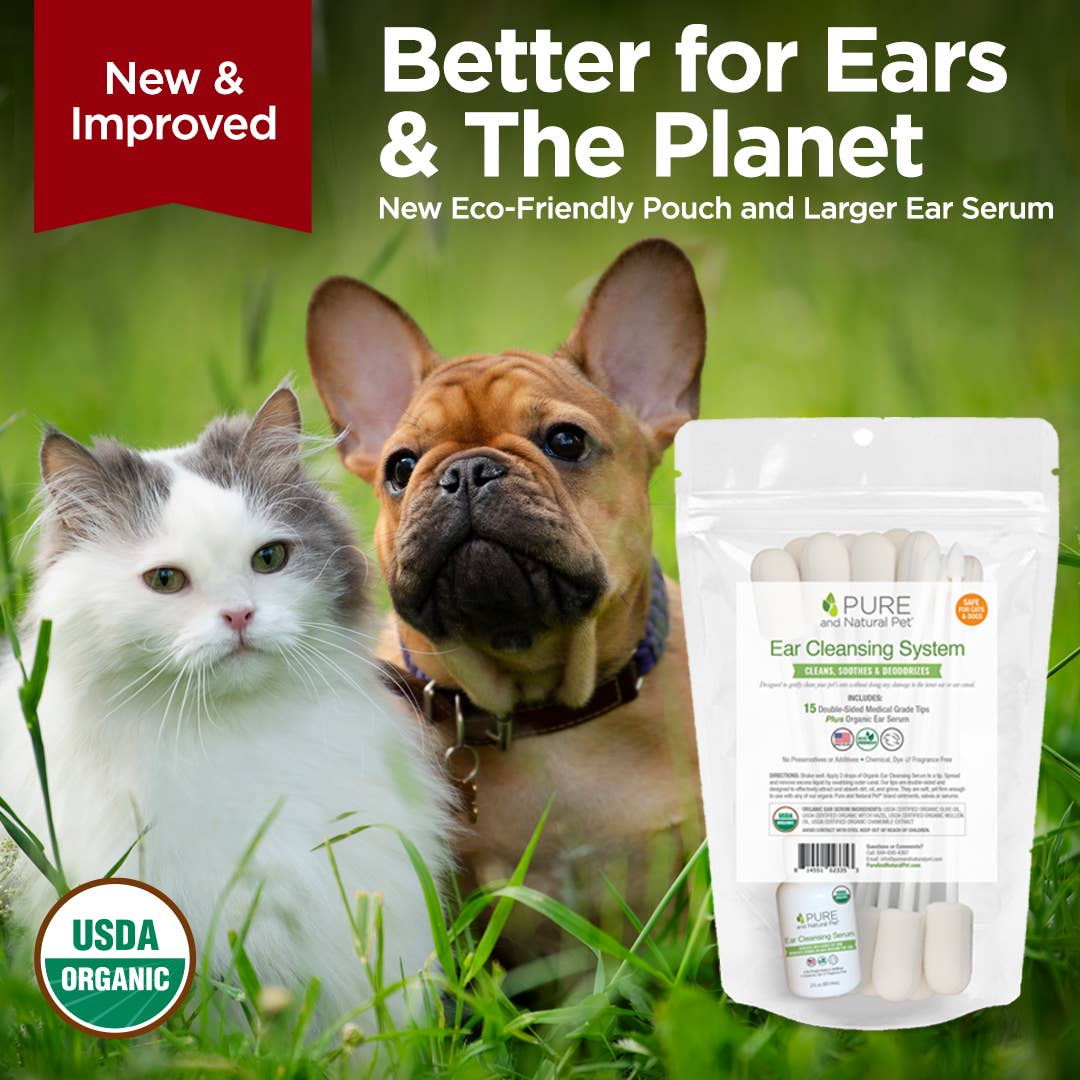 Organic Ear Cleansing System for dogs and cats with medical-grade foam applicators